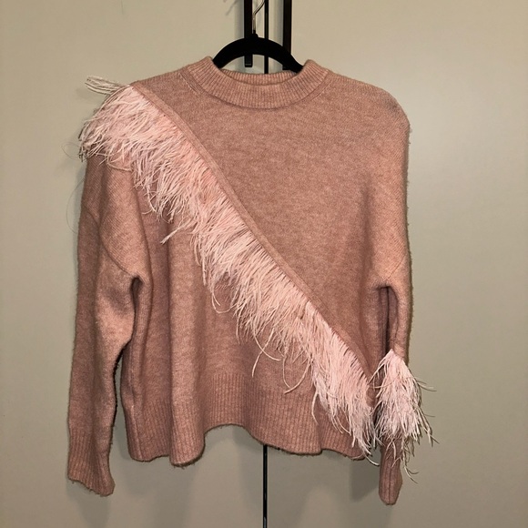 NWOT CINQ A SEPT MERRITT ostrich father trimmed l Sweater IN Peony Pink Size XS - Picture 6 of 9